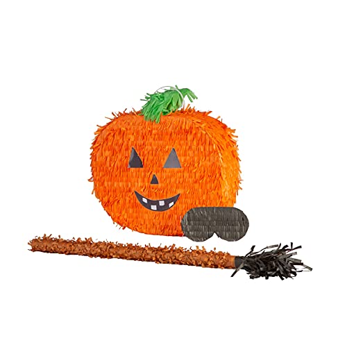 Fax Potato Halloween Pumpkin Pinata, Stick and Blindfold - Orange Pumpkin Scary Jack-o-Lantern Halloween Pinata Trick or Treat Birthday Celebration Hanging Party Decoration Creepy Easy to Fill