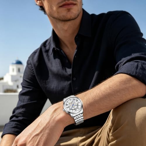 Image of OPK Men's Automatic Mechanical Watch Skeleton Black Dial with Roman Numerals Silver Stainless Steel Bracelet Waterproof Luxury Dress Wristwatch