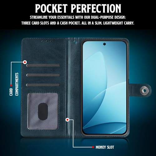 Image of WOW IMAGINE Shock Proof Flip Cover Back Case for Oppo F33 Pro 5G (Magnetic Button Flip Case | Wallet Pockets & Stand | Leather Finish | Oxford Blue)
