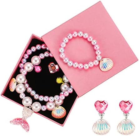 Pinenuts Mermaid Jewellery Set, Kids Jewelry Kit for Girls with Gift Box Mermaid Princess Dress Up Candy Bracelet Mermaid Necklaces Ring Earrings for Mermaid Party Birthday Christmas