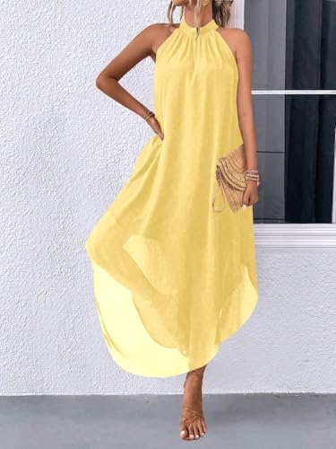 Image of Verdusa Women's Wedding Guest Dress Halter Flowy Chiffon Long Dresses | Cocktail Dress, Asymmetrical Dress for Women, Sleeveless, Prom Dress, Cruise Outfits, Boho