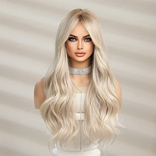 Haircube Long Blonde Wigs With Bangs For Women,Synthetic Wavy Hair Wig With Dark Roots #TOP1