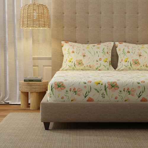 Image of Urban Space Serene 200 TC 100% Cotton Bedsheet for Single Bed with 1 Pillow Cover, Single Bedsheet Floral(Meadows Buttercream, Size 58 X 90 Inches)