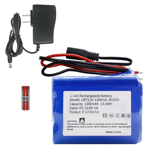 12V 1200mAh Rechargeable Lithium Battery Pack, Bare Leads Wire Replacement Battery with Charger, Compatible with 12V Devices RC Car, Boat, Robot, DIY, LED Light Kit
