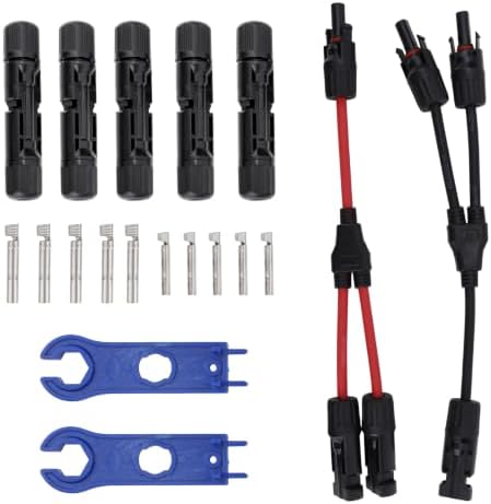 BTFO Solar Connector Parts, 2 Waterproof Y-Shaped Panel Branch Solar Parallel Adapter 2 Wrenches 5 Connectors & 10 Copper Cores Applicable for 2.5/4/6mm (0.1/0.16/0.24in) Cable Wire Sizes Accessories
