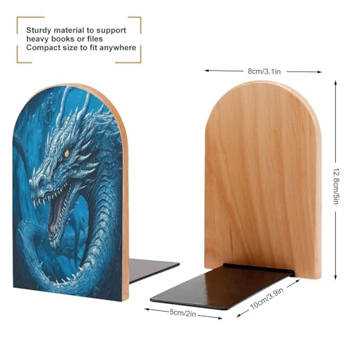 Sujetalibros de madera Dragon Cool Blue resistentes para estantes 3