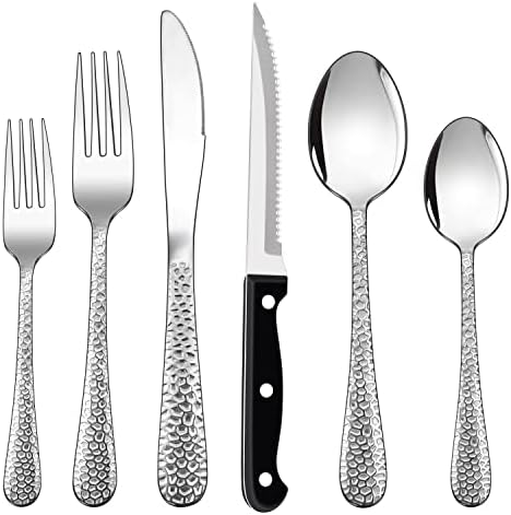 Homikit 48 Pieces Hammered Silverware Set with Steak Knives, Stainless Steel Flatware Cutlery for 8, Fancy Metal Tableware Eating Utensils Include Knife Forks Spoons, Mirror Polish, Dishwasher Safe