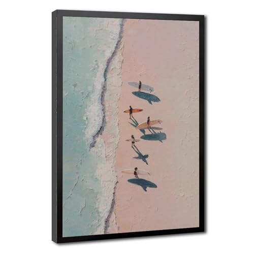 Surfers on Pink Beach Canvas Wall Art, Abstract Coastal Seascape