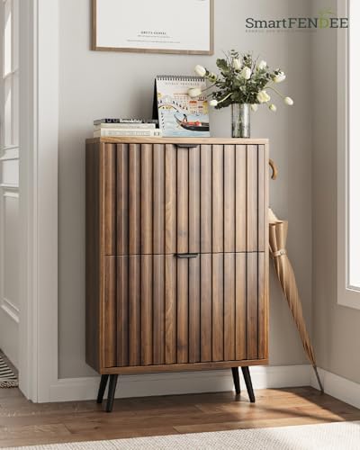 Smart FENDEE Fluted Shoe Storage for Entryway, Walnut Hidden Cabinet with Metal Legs, Organizer with Flip Doors, Slim Entryway Storage