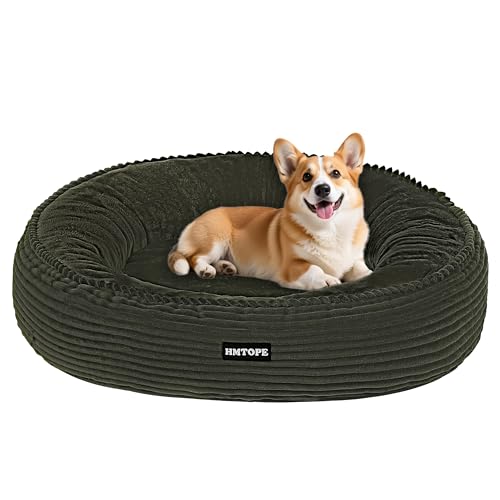 HMTOPE Hundebett Mittelgroße Hunde, Katzenbett Waschbar, Kuscheliges Hundekissen, Rund Cord Hundekorb, Donut, Hundesofa, Abnehmbar und rutschfest, Ø 70 cm, Olivgrün