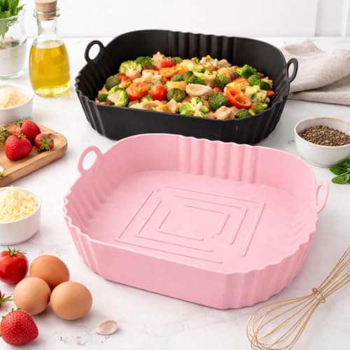 Image of E-COSMOS Square Silicone Air Fryer Liners (Set of 2), 8-Inch Reusable Nonstick Baking Trays with Handles,Heat Resistant Air Fryer Oven Accessories, Multicolor