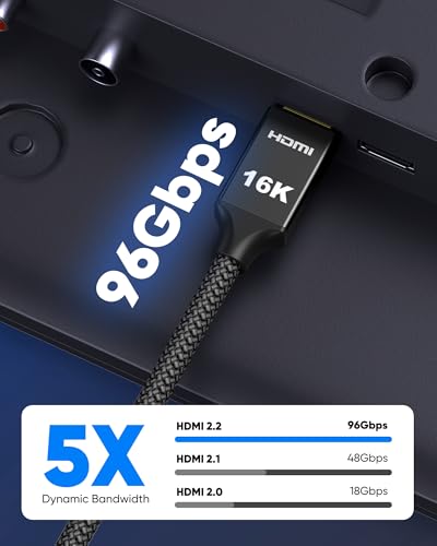 Image of Capshi 6.6ft 16K HDMI Cable 2.2, 96Gbps Ultra High Speed Cord | for PS5 /4, TV, Gaming Console, Monitor, 8K@60Hz, 2K@240Hz, 144Hz, Support HDR, eARC, DTS:X, HDCP 2.2 & 2.3, Braided