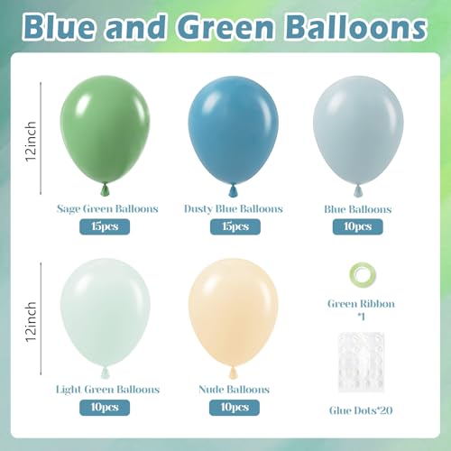 Image of 12inch Blue and Green Balloons with Sage Dusty Blue Pastel Green Balloons | Bridal, Woodland, Birthday, Baby Shower Decorations