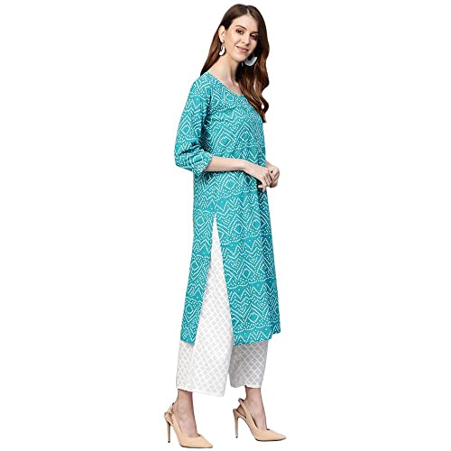 Image of anubhutee Women Cotton Turquoise Blue White Bandhani Print Kurta & Palazzo