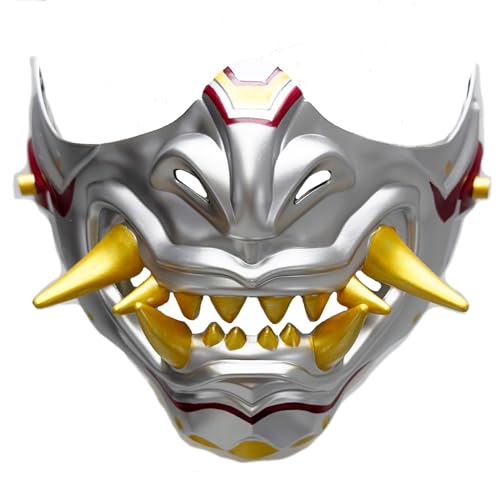 BEYOND MASQUERADE B Oni Samurai Mask Half Face Japanese Warrior Mask Demon Dragon Hannya Cosplay Character Masks Novelty Halloween Party Costume Cosplay Prop (Silver/Gold)