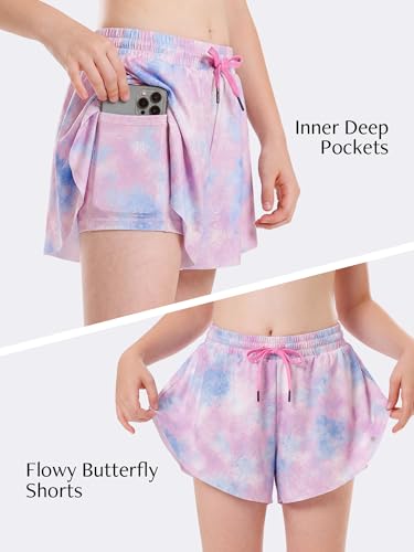 Image of Stelle Girls Flowy Shorts with Pockets Athletic Running Skirt High Waist Butterfly 2 in 1 Sports Short 5-16 Years