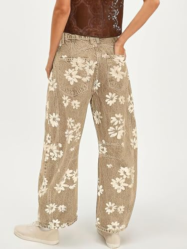 ebossy Women's Retro Floral Print Barrel Jeans Mid Rise Wide Leg Baggy Boyfriend Horseshoe Denim Pants2