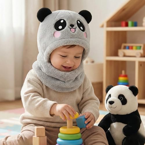 Image of Kraptick Winter Kids Monkey Cap - Cute Panda Plush Balaclava Hat with Neck Warmer Scarf Soft Woolen Fleece Lined Windproof Earflap Hood for Babies -3