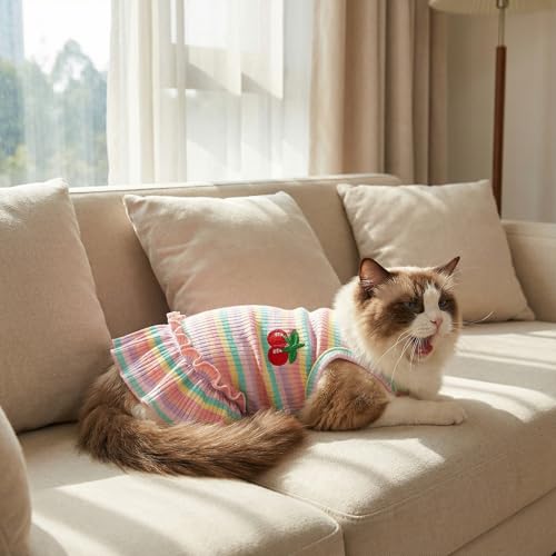 Jmkcoz Cute Striped Dog T Shirts Cherry Puppy Dress Soft Cotton Pet Sleeveless Vest Clothes Spring Summer Pet Outfits for Small Dogs Cats Girl (Pink, Medium) - Image 7
