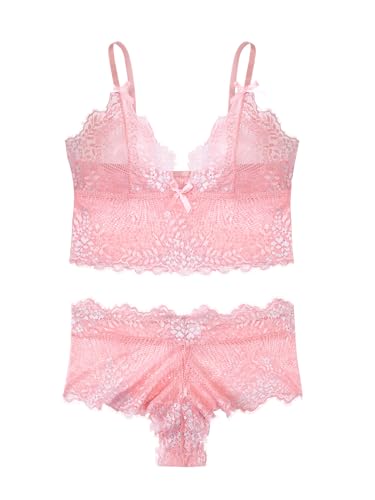 Image of Lilosy Sexy Lingerie for Women Lace Pajamas Set Cami Bra and Panty High Waist Sheer Sleepwear 2 Piece 2XS-6XL