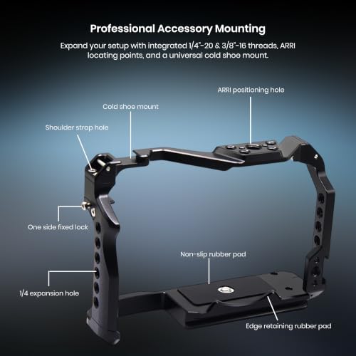 Image of Simpex Metal cage for EOS R8 Built-in Quick Release Plate for arca-Type with 1 /4 Threaded Holes, 3 /8″ locating Holes for arri, Included Cold Shoe
