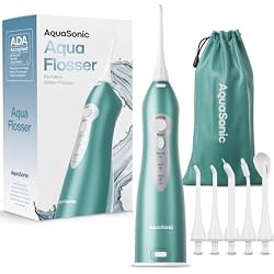 AquaSonic Aqua Flosser Water Flosser, ADA Accepted, Mint Green Metallic | Clinically Studied, Cordless, 5 Jet Tips, 3 Modes, 360° Rotating Tips, Waterproof, Rechargeable, Travel Bag, Braces Care