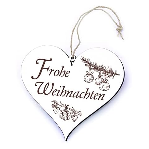 Wooden Heart Sign with Engraving "Frohe Weihnachten" Door Sign Winter Decoration Christmas Decoration White Vintage Tree Decoration Welcome Sign 13 x 12 cm Cover