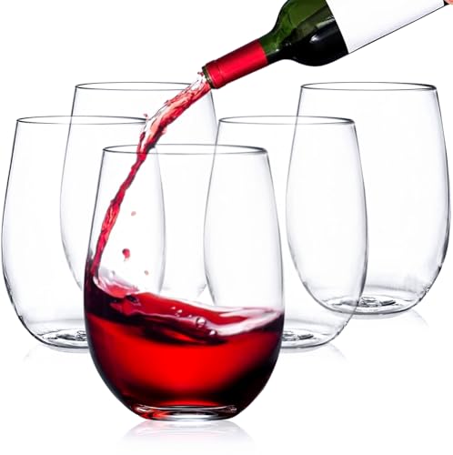 OMYOPY Paquete de 20 copas de vino de plástico sin tallo para fiestas, vasos de vino transparentes de 16 onzas, vasos de vino desechables y reutilizables para cócteles, whisky, boda