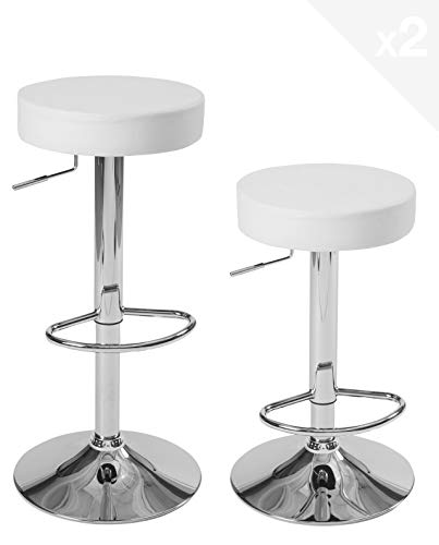 KAYELLES Lot 2 Tabourets Bar siège Rond Simili Cuir sans Dossier, Hauteur réglable, Repose Pieds, pivotants 360° Pied Chrome YO (Blanc)