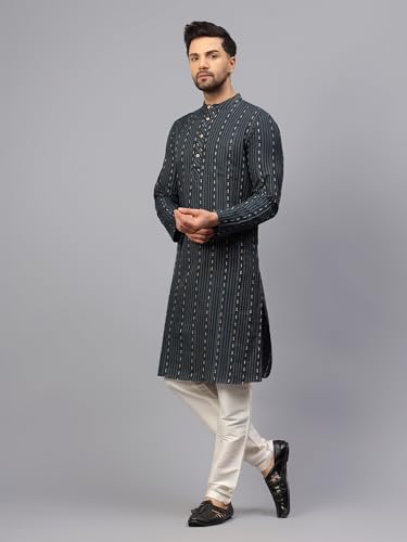 Image of LATEST CHIKAN Men's Cotton Regular Striped Knee Lenght Kurta Full Sleeves