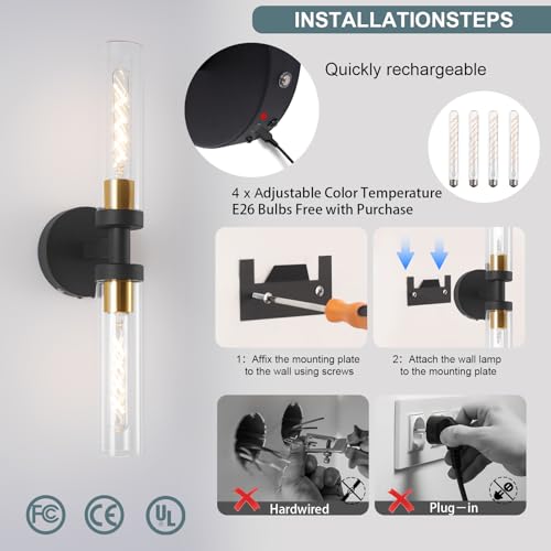 Image of Battery Operated Wall Sconces, Wall Sconce Set of 2, 3000K-6500K Black Rechargeable Wall Lamp with Remote, Indoor Non-Hardwired Wall Lamps, Modern Vanity Light for Bedroom, Living Room, Aisle