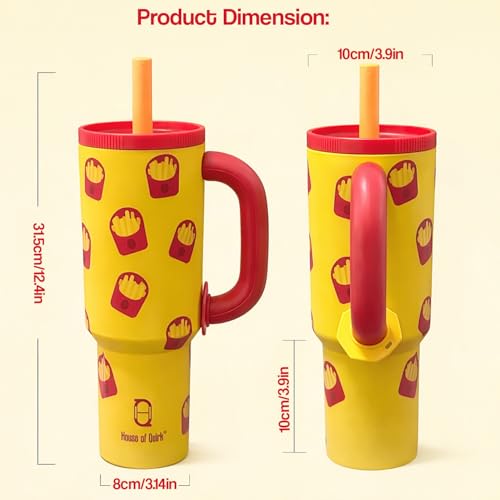 Image of House of Quirk 1200ml Stainless Steel Tumbler with Handle, Straw & Straw Cap | Leakproof Water Bottle | Large Capacity Travel Mug (Hot Fries)
