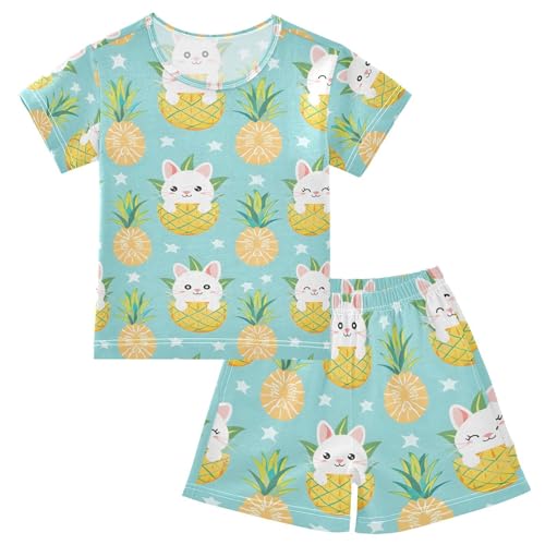 ALAZA Cute Cat Kitten Pineapple Pajamas Set Short Sleeve Cotton Sleepwear Summer Pjs 2 Piece 5-14Y