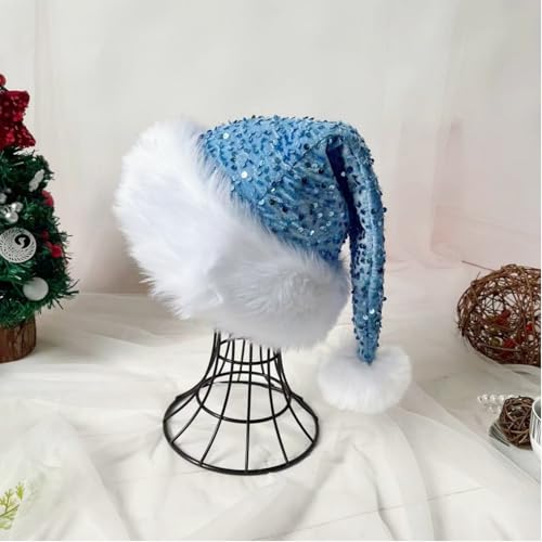 Lake Blue Santa Hat Christmas Hats for Kids and Adults,Shiny Sequin Xmas Hat Unisex Classic Velvet Xmas Holiday Hat,Thicken Luxury Plush Santa Hats Santa Claus Hats for Xmas New Year Party Supplies - Image 4