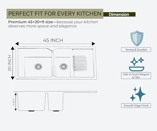 Image of EVANEX Quartz Sink for Kitchen|45x20x9 inch Double Bowl Kitchen Sink with Drain Board|Matt Finish|Sand Pluto Quartz Kitchen Sink with Sink Connector, Waste Pipe, Coupling and Drain Basket