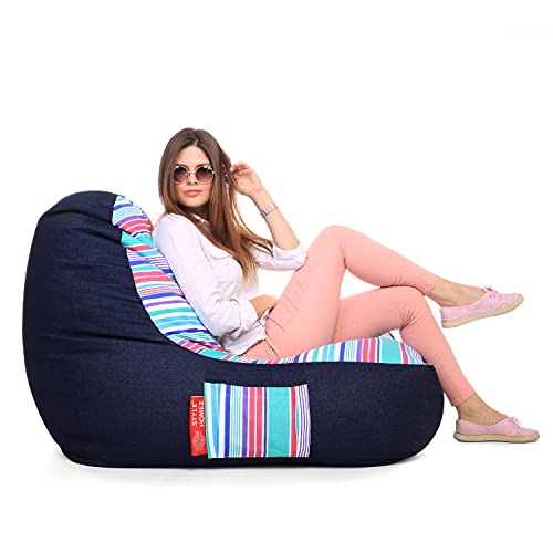 Image of Style Homez Urban Design Denim Canvas Stripes Printed Chair Bean Bag XXL Size Filled with Beans Fillers