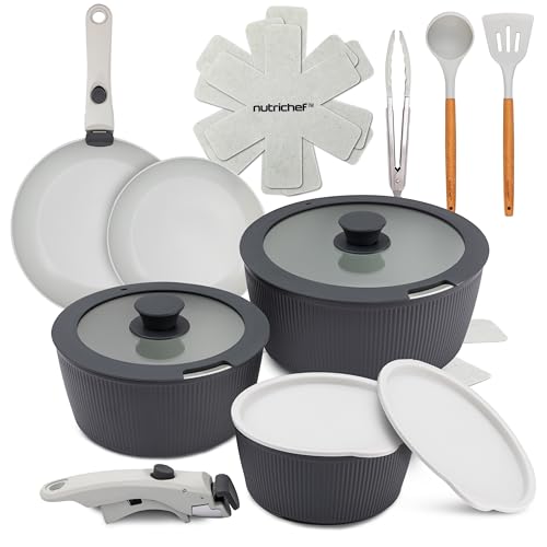 NutriChef Juego de Utensilios de Cocina Cerámica de 18 Piezas con Mangos Desmontables, Ollas y Sartenes Antiadherentes, Revestimiento Cerámico Natural Libre de PTFE, Diseño Ahorrador de Espacio