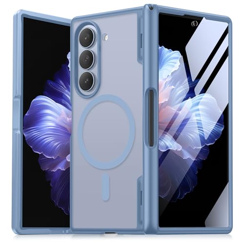 Coque magnétique Galaxy Z Fold 5 avec protection d'écran intégrale et porte-stylo bleu
