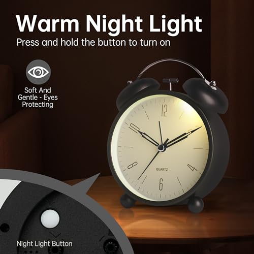 Image of Twin Bell Loud Alarm Analog Alarm Clock, 4 inch Super Silent Non Ticking Small Clock with Night Light, Battery Operated, Simple Design, Old Fashioned, for Heavy Sleeper, Bedroom, Bedside, Desk, Black
