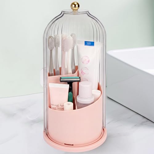 QIYVLOS Toothbrush Holders with Sliding Lid Rotating 3 Slots Bathroom Organizer Countertop Tooth Brush Toothpaste Holder Bathroom Counter Stand Sink Organizer Caddy for Makeup Brushes Holder (Pink)
