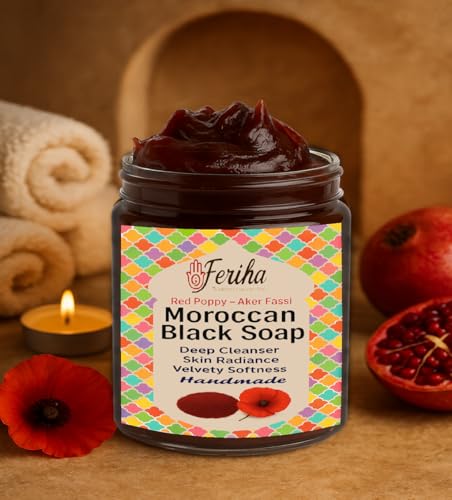 FERIHA Moroccan Black Soap with Aker Fassi – Red Poppy Petals & Pomegranate S...