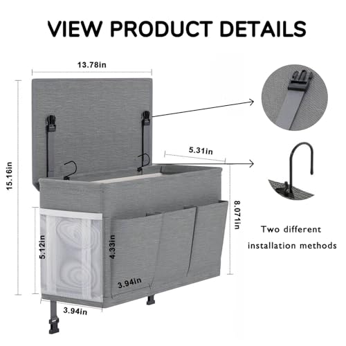 Pomodee Bedside Hanging Bag Storage Organiser,Bed Pocket with Adjustable Tape for Dorm Utility Carts Bed Rails Hospital Beds,Bedside Caddy Hanging Basket,Grey - Image 5