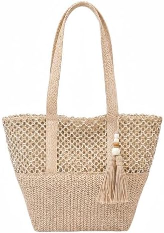 Two-Tone Patchwork Wooden Bead Fringe Straw Tote Bag for Women, L...