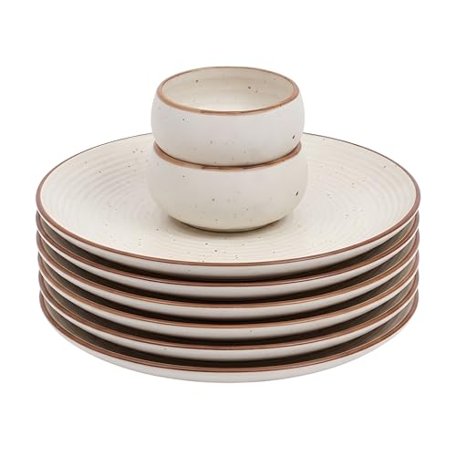 Image of miah decor Quarter Plates Ceramic Set of 6 with 2 Dip Bowls (160ml) - Off White Ribbed Design | Handmade Stoneware Side Plates for Snacks & Dessert | Microwave & Dishwasher Safe | Matte Finish