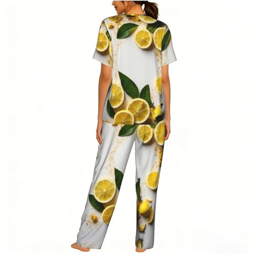 Pyjama doux imprimé citron jaune ensemble nuit fluide