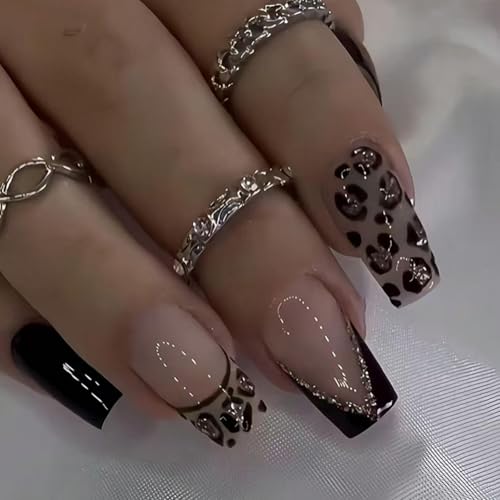 Image of Leopard Print Nail Press ons French Tip Fake Nails Black Press on Nails Glossy Full Cover Glue on Nails Medium Square False Nail Reusable Artificial Acrylic Stick on Nail for Women Manicure 24Pcs