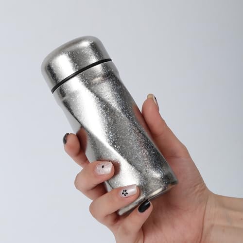 Mini Double Wall Titanium Insulated Flasks with Tea Infuser Vacuum Sealed Thermal Cup Silver Leakproof Durable Lightweight for Hot Cold Beverage Portable Filter Tea Lovers Travel Mug Bottle 200ML