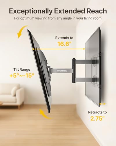 Image of monTEK Full Motion TV Wall Mount for 37-84 Inch TVs, TV Mount Bracket with Articulating Arms, Tool-Free Tilt & Swivel, Extension, Max VESA 600x400mm, Fits 12 inch /16 inch Wood Studs, Up to 110lbs, 4X Tested