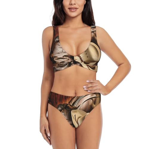 HKHLHLH Cowboy Black Hat Western Boots Ensemble bikini élégant pour femme avec motif croisé sur le devant et dos en U pour l'été, la plage, les vacances, Noir , XXL