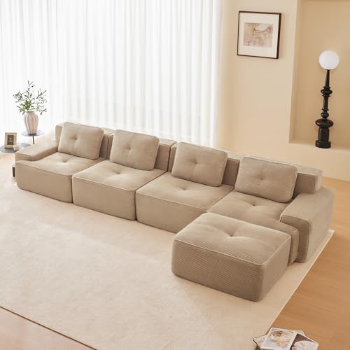 Luscriate Boneless Sofá modular, moderno para salón con asiento bajo de 74 cm, sofá de pana, sofá tapizado en la nube combinable, para salón (beige, 4 S+1)